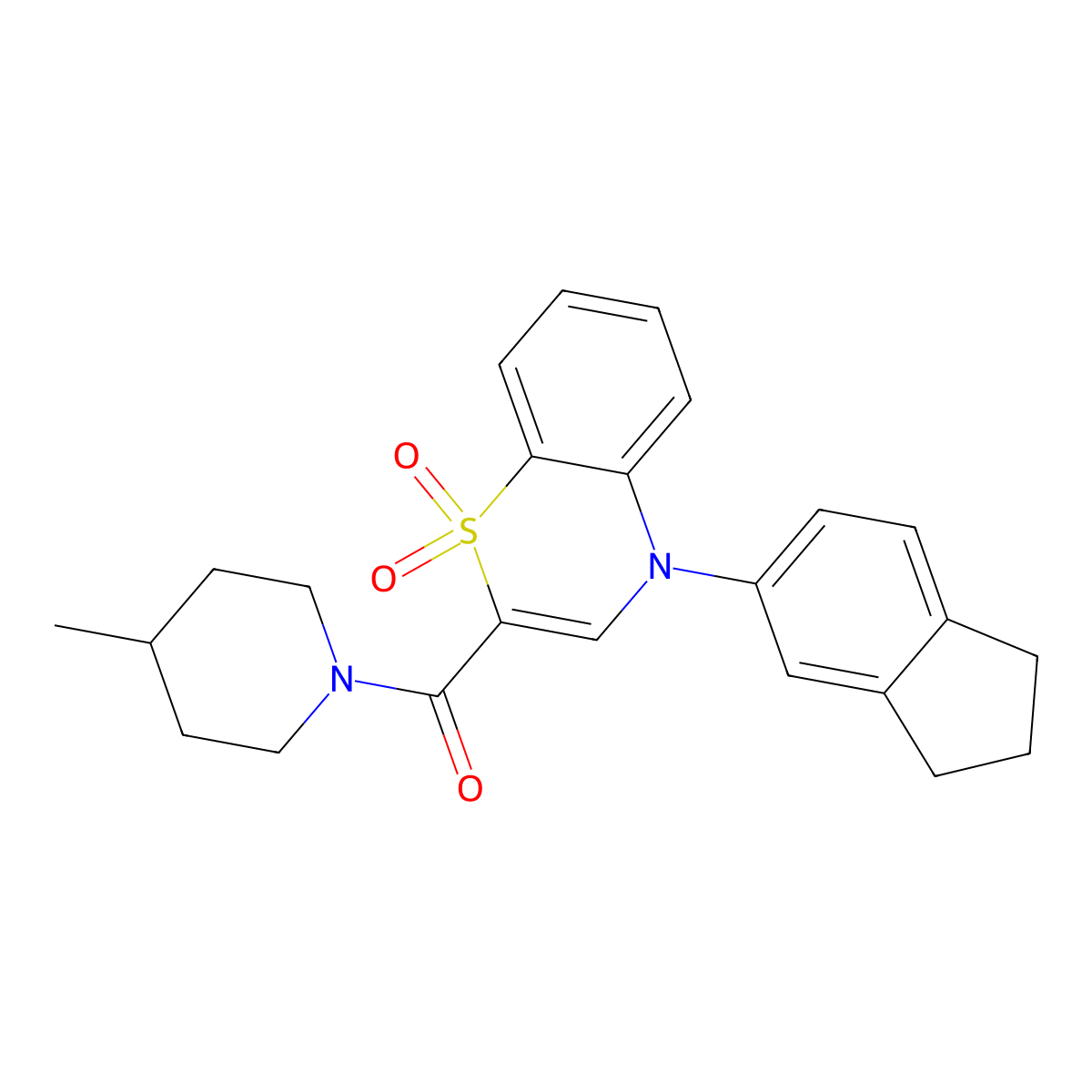 (4-(2,3-dihydro-1H-inden-5-yl)-1,1-dioxido-4H-benzo[b][1,4]thiazin-2-yl)(4-methylpiperidin-1-yl)methanone molecular structure, CAS 1226435-14-8