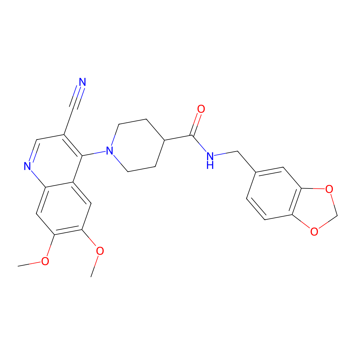 N-(benzo[d][1,3]dioxol-5-ylmethyl)-1-(3-cyano-6,7-dimethoxyquinolin-4-yl)piperidine-4-carboxamide molecular structure, CAS 1226435-16-0