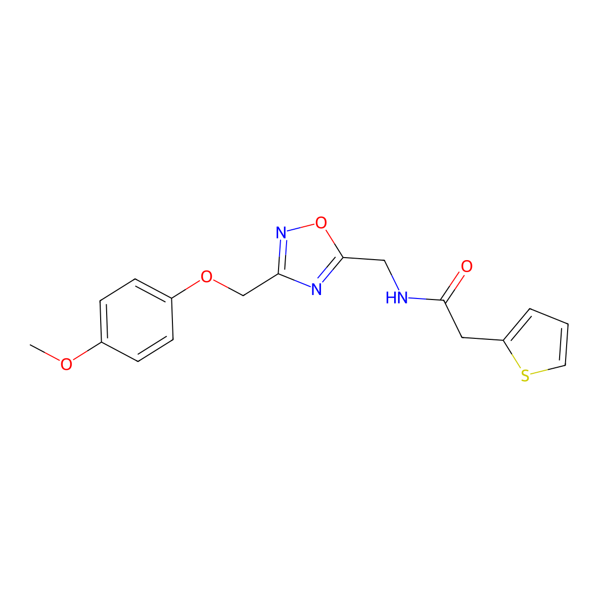 N-({3-[(4-methoxyphenoxy)methyl]-1,2,4-oxadiazol-5-yl}methyl)-2-(thiophen-2-yl)acetamide molecular structure, CAS 1226435-24-0