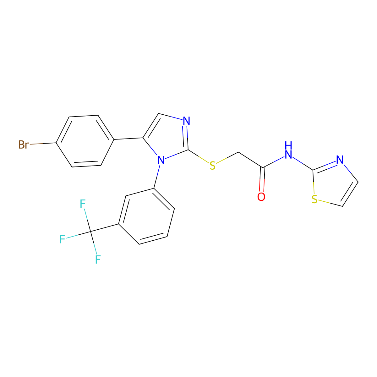 2-((5-(4-bromophenyl)-1-(3-(trifluoromethyl)phenyl)-1H-imidazol-2-yl)thio)-N-(thiazol-2-yl)acetamide molecular structure, CAS 1226435-33-1