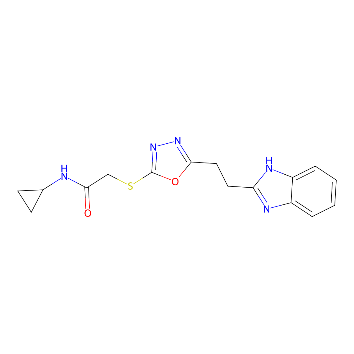 2-((5-(2-(1H-benzo[d]imidazol-2-yl)ethyl)-1,3,4-oxadiazol-2-yl)thio)-N-cyclopropylacetamide molecular structure, CAS 1226435-37-5