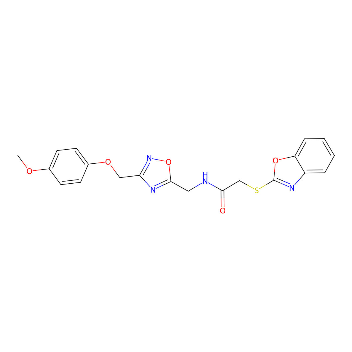 2-(benzo[d]oxazol-2-ylthio)-N-((3-((4-methoxyphenoxy)methyl)-1,2,4-oxadiazol-5-yl)methyl)acetamide molecular structure, CAS 1226435-38-6