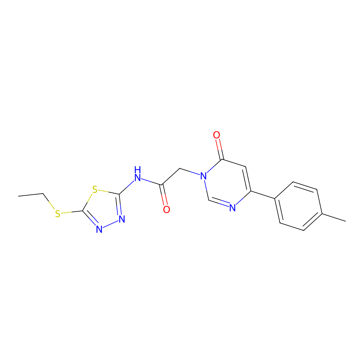 N-(5-(ethylthio)-1,3,4-thiadiazol-2-yl)-2-(6-oxo-4-(p-tolyl)pyrimidin-1(6H)-yl)acetamide molecular structure, CAS 1226435-39-7