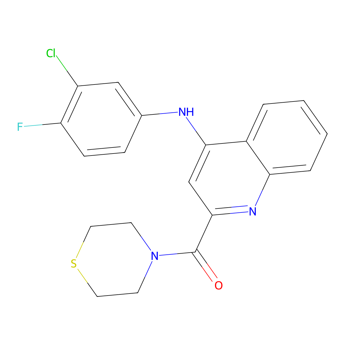 (4-((3-Chloro-4-fluorophenyl)amino)quinolin-2-yl)(thiomorpholino)methanone molecular structure, CAS 1226435-43-3