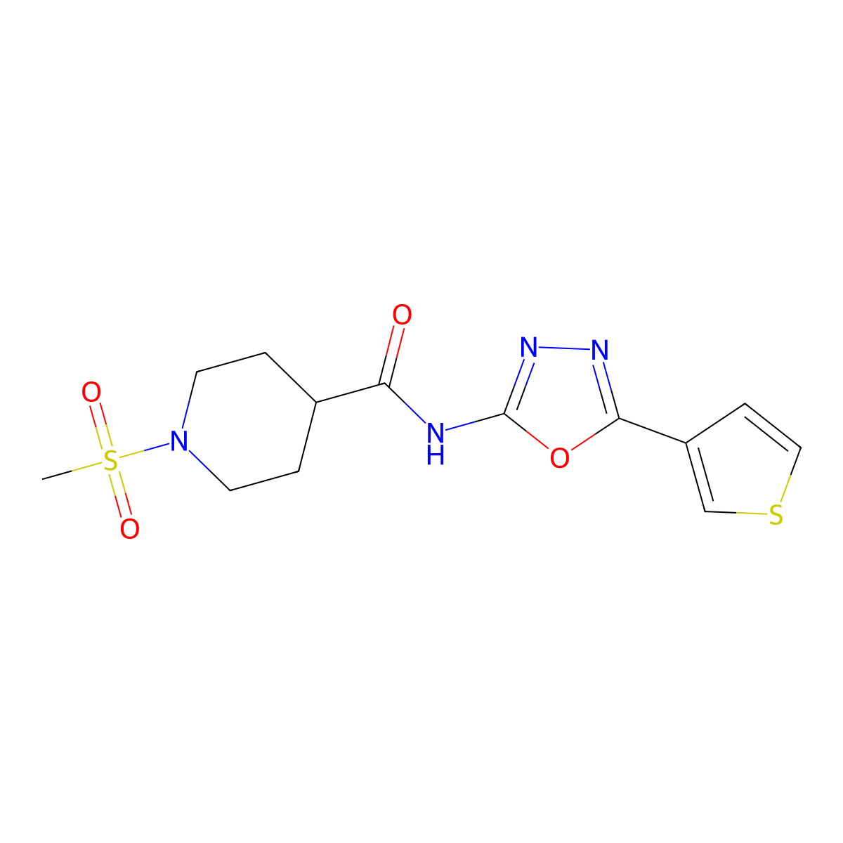 1-(methylsulfonyl)-N-(5-(thiophen-3-yl)-1,3,4-oxadiazol-2-yl)piperidine-4-carboxamide molecular structure, CAS 1226435-46-6