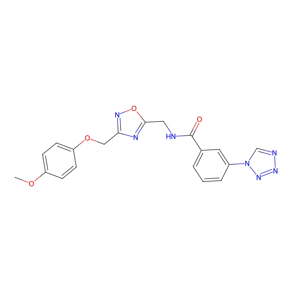 N-((3-((4-methoxyphenoxy)methyl)-1,2,4-oxadiazol-5-yl)methyl)-3-(1H-tetrazol-1-yl)benzamide molecular structure, CAS 1226435-48-8