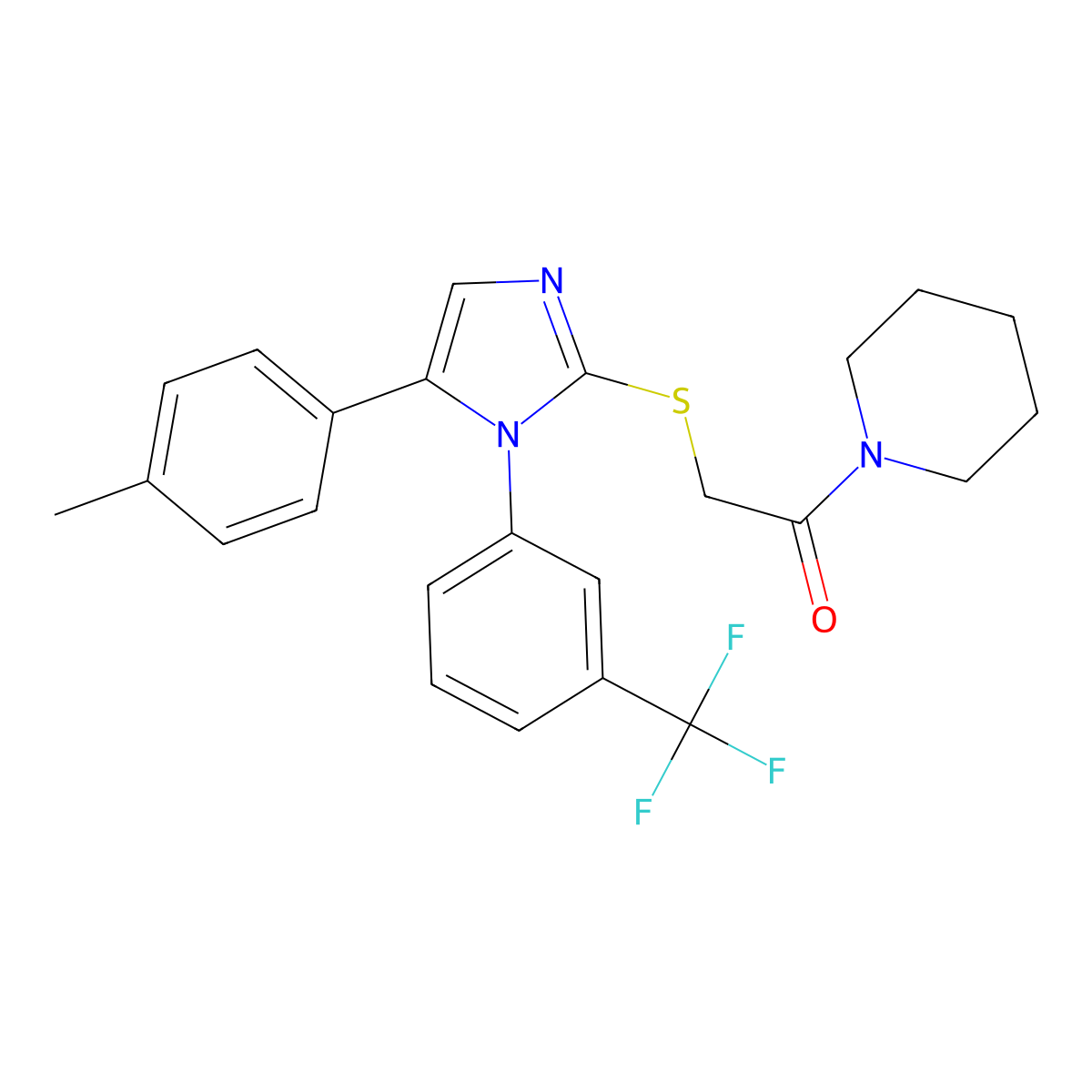 1-(piperidin-1-yl)-2-((5-(p-tolyl)-1-(3-(trifluoromethyl)phenyl)-1H-imidazol-2-yl)thio)ethanone molecular structure, CAS 1226435-60-4