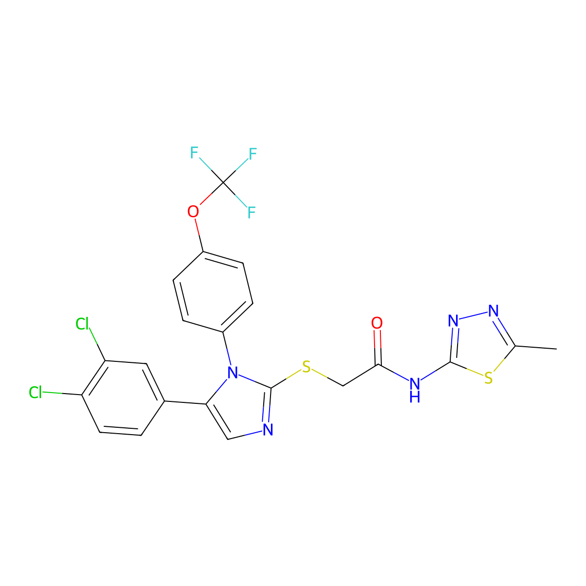 2-{[5-(3,4-dichlorophenyl)-1-[4-(trifluoromethoxy)phenyl]-1H-imidazol-2-yl]sulfanyl}-N-(5-methyl-1,3,4-thiadiazol-2-yl)acetamide molecular structure, CAS 1226435-66-0