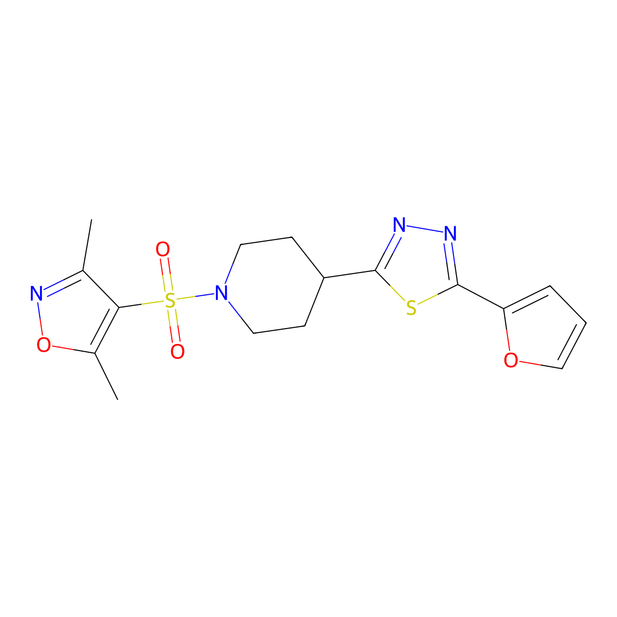 4-((4-(5-(Furan-2-yl)-1,3,4-thiadiazol-2-yl)piperidin-1-yl)sulfonyl)-3,5-dimethylisoxazole molecular structure, CAS 1226435-73-9
