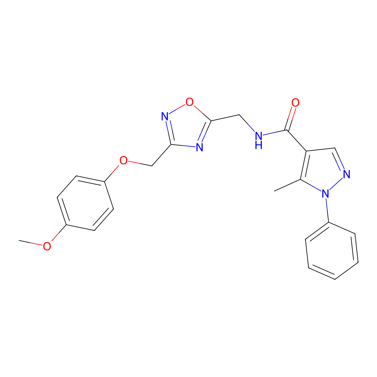 N-({3-[(4-methoxyphenoxy)methyl]-1,2,4-oxadiazol-5-yl}methyl)-5-methyl-1-phenyl-1H-pyrazole-4-carboxamide molecular structure, CAS 1226435-85-3