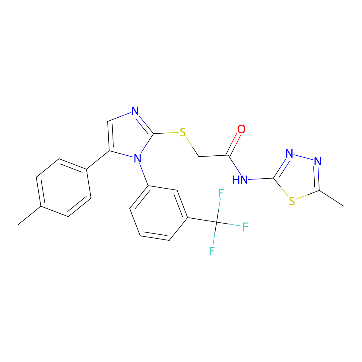 N-(5-methyl-1,3,4-thiadiazol-2-yl)-2-((5-(p-tolyl)-1-(3-(trifluoromethyl)phenyl)-1H-imidazol-2-yl)thio)acetamide molecular structure, CAS 1226435-92-2