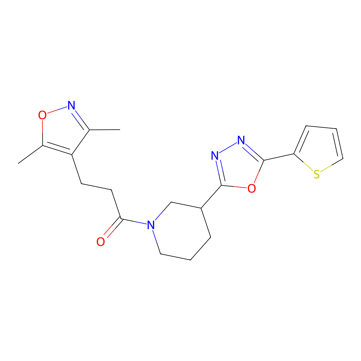 3-(3,5-Dimethylisoxazol-4-yl)-1-(3-(5-(thiophen-2-yl)-1,3,4-oxadiazol-2-yl)piperidin-1-yl)propan-1-one molecular structure, CAS 1226435-98-8