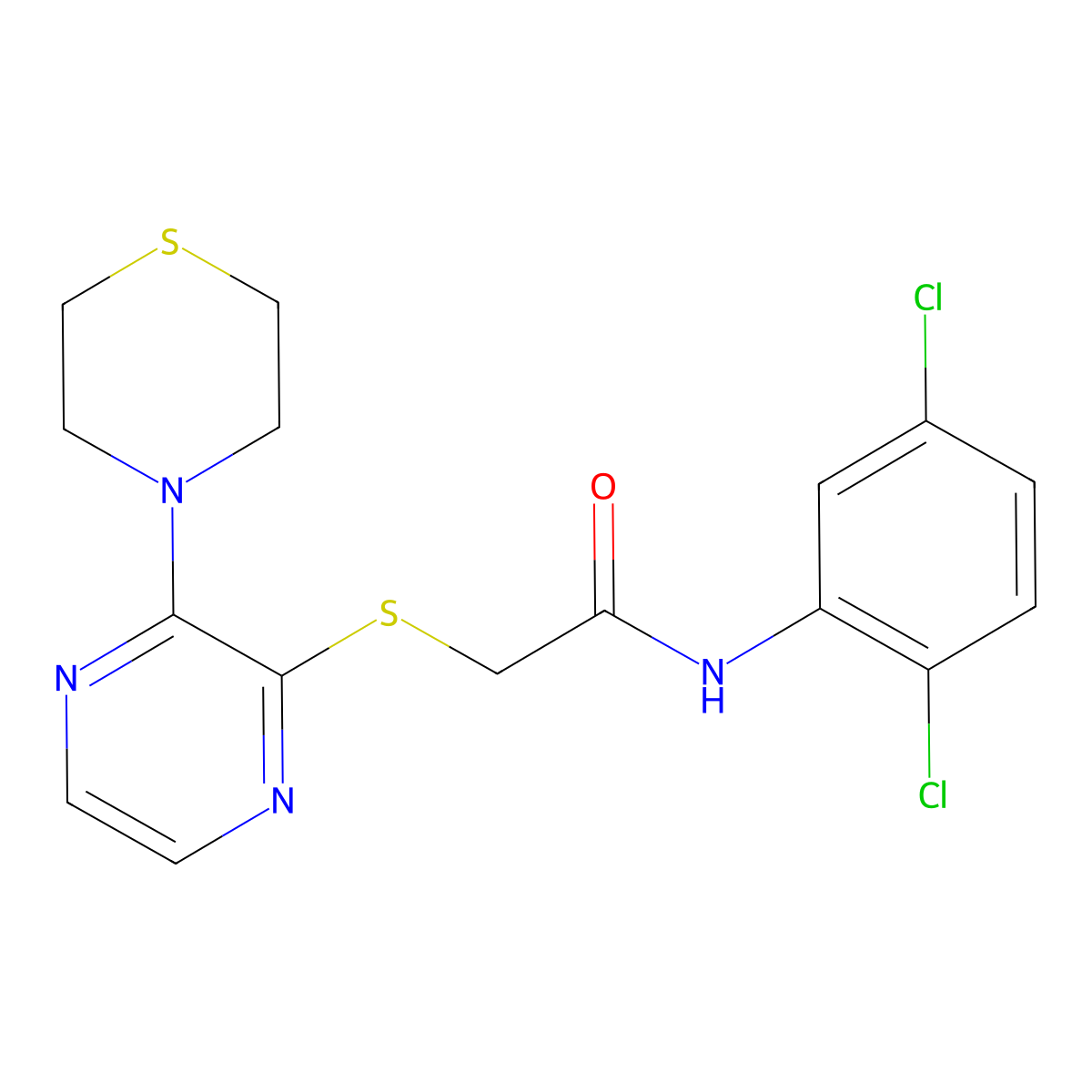 N-(2,5-dichlorophenyl)-2-((3-thiomorpholinopyrazin-2-yl)thio)acetamide molecular structure, CAS 1226435-99-9