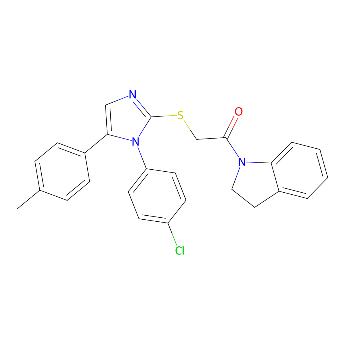 2-((1-(4-chlorophenyl)-5-(p-tolyl)-1H-imidazol-2-yl)thio)-1-(indolin-1-yl)ethanone molecular structure, CAS 1226436-05-0