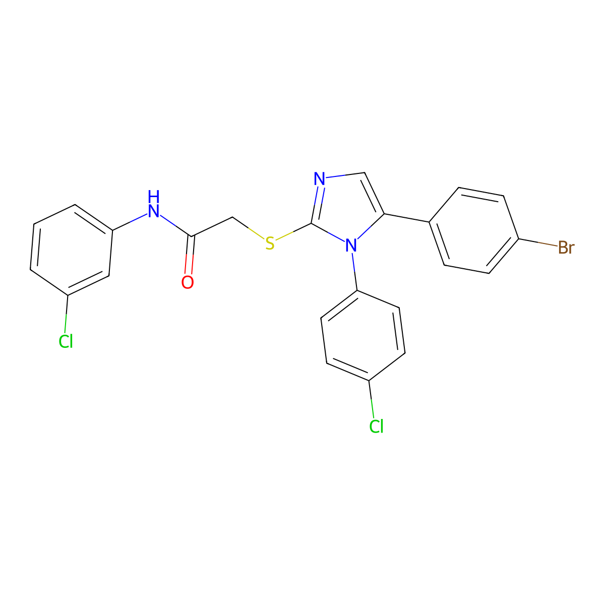 2-((5-(4-bromophenyl)-1-(4-chlorophenyl)-1H-imidazol-2-yl)thio)-N-(3-chlorophenyl)acetamide molecular structure, CAS 1226436-07-2