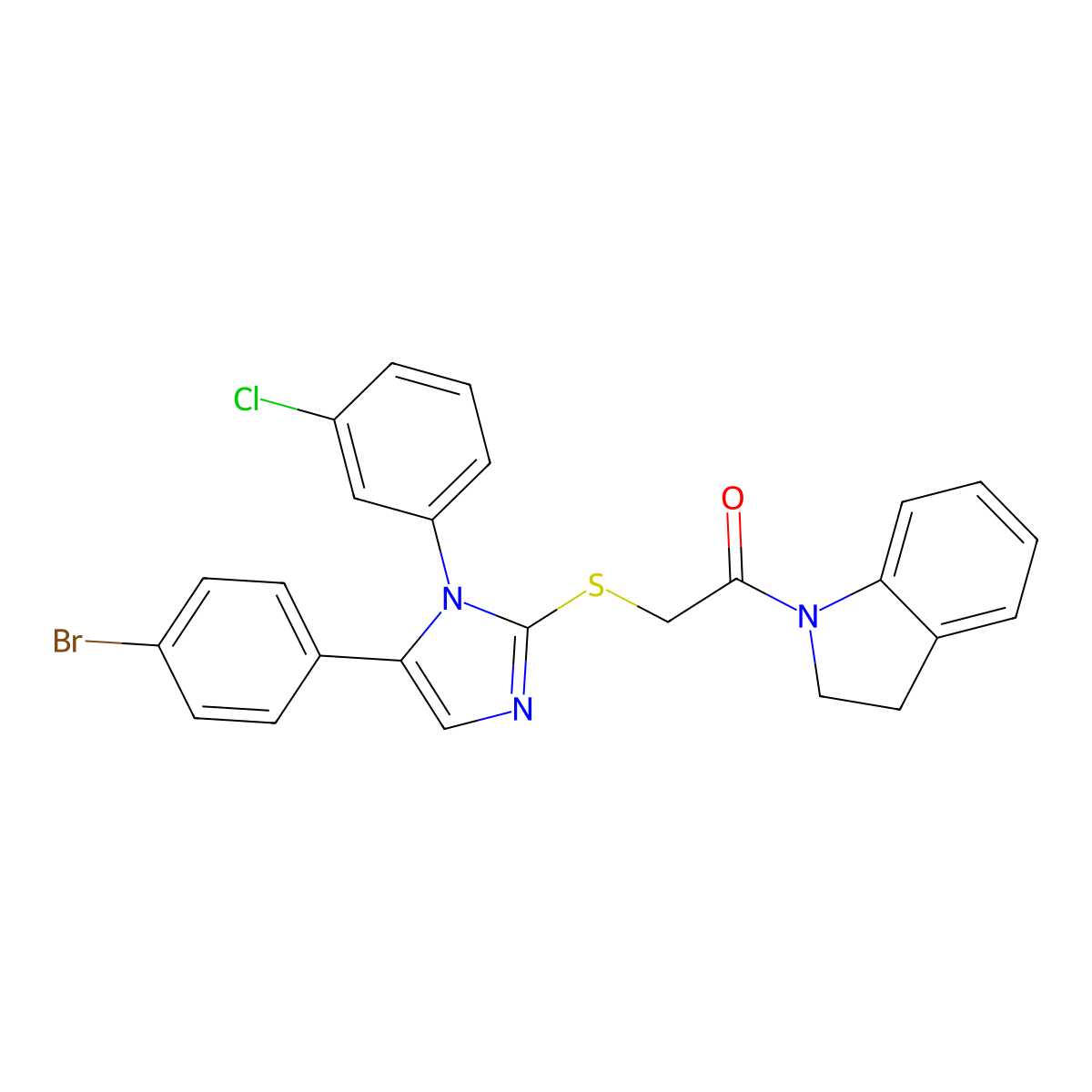 2-((5-(4-bromophenyl)-1-(3-chlorophenyl)-1H-imidazol-2-yl)thio)-1-(indolin-1-yl)ethanone molecular structure, CAS 1226436-12-9