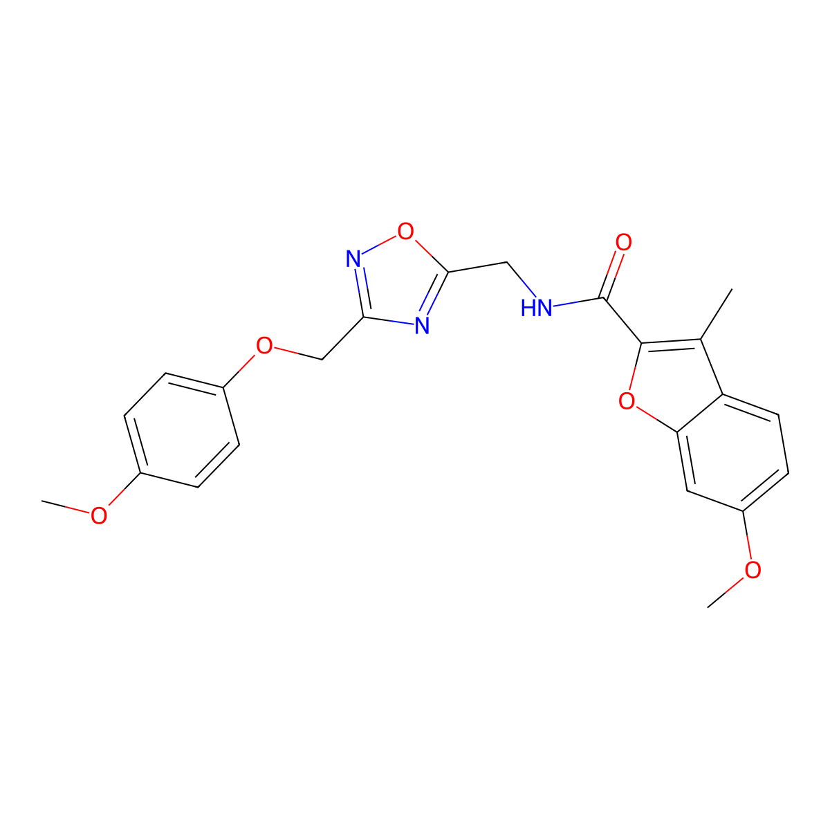 6-methoxy-N-((3-((4-methoxyphenoxy)methyl)-1,2,4-oxadiazol-5-yl)methyl)-3-methylbenzofuran-2-carboxamide molecular structure, CAS 1226436-15-2