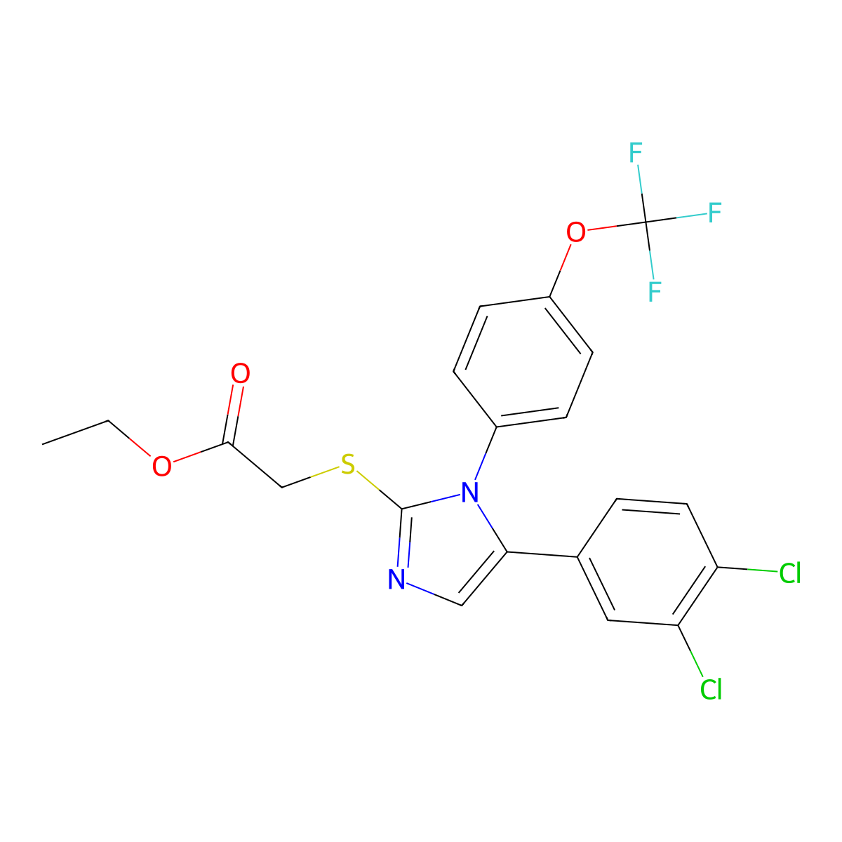 ethyl 2-((5-(3,4-dichlorophenyl)-1-(4-(trifluoromethoxy)phenyl)-1H-imidazol-2-yl)thio)acetate molecular structure, CAS 1226436-24-3