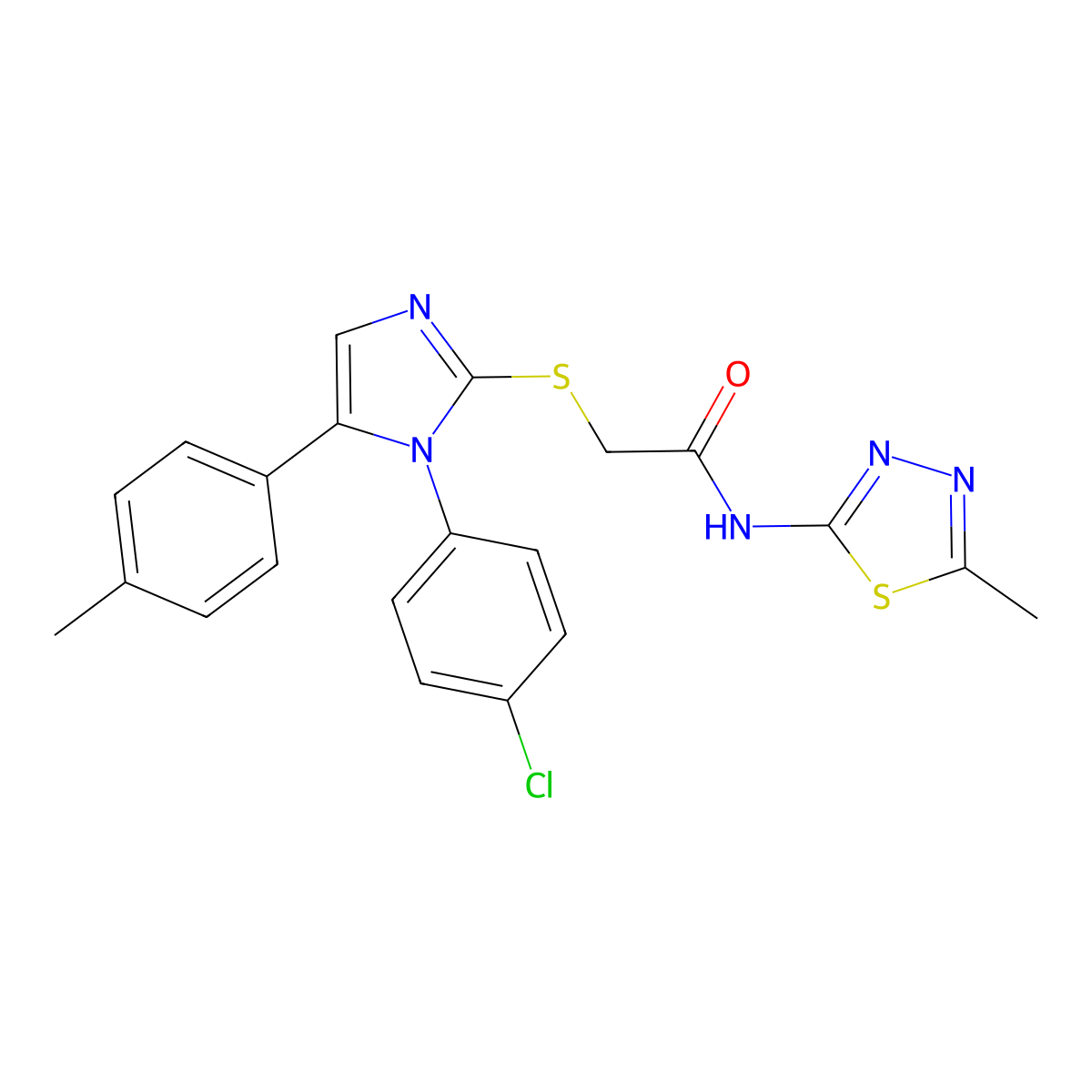 2-((1-(4-chlorophenyl)-5-(p-tolyl)-1H-imidazol-2-yl)thio)-N-(5-methyl-1,3,4-thiadiazol-2-yl)acetamide molecular structure, CAS 1226436-36-7