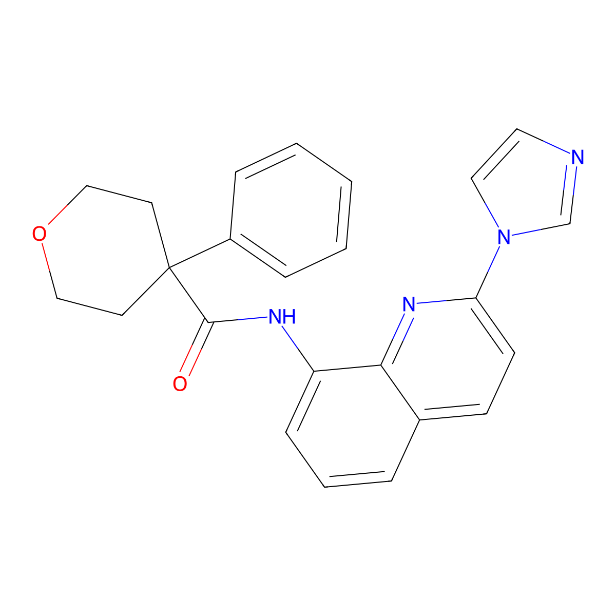 N-(2-(1H-imidazol-1-yl)quinolin-8-yl)-4-phenyltetrahydro-2H-pyran-4-carboxamide molecular structure, CAS 1226436-38-9
