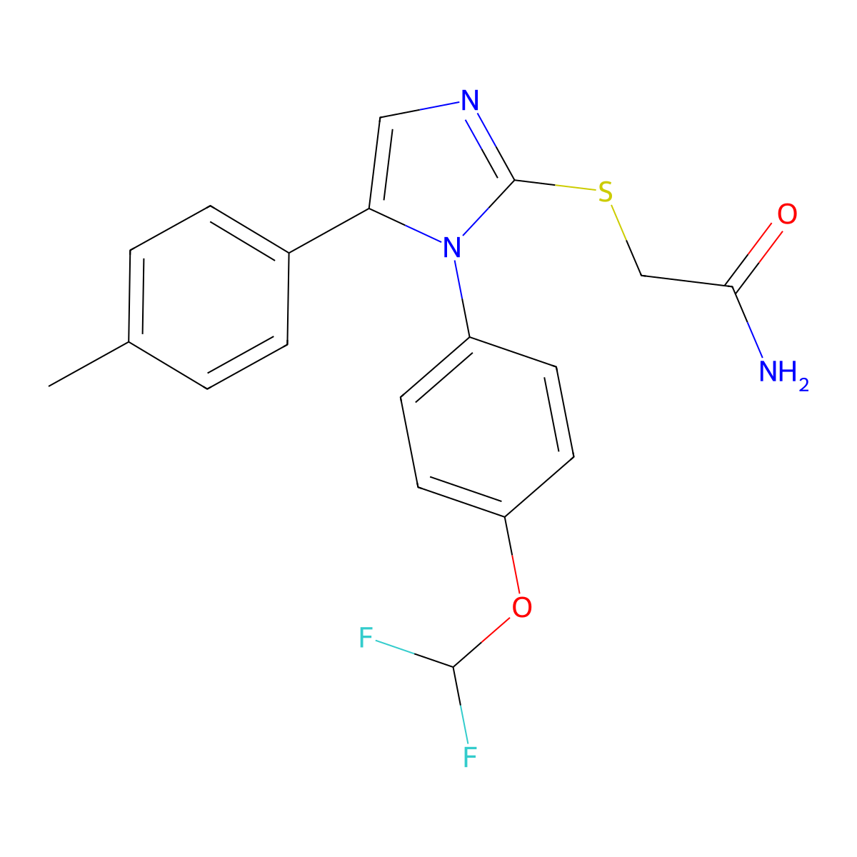2-((1-(4-(difluoromethoxy)phenyl)-5-(p-tolyl)-1H-imidazol-2-yl)thio)acetamide molecular structure, CAS 1226436-44-7