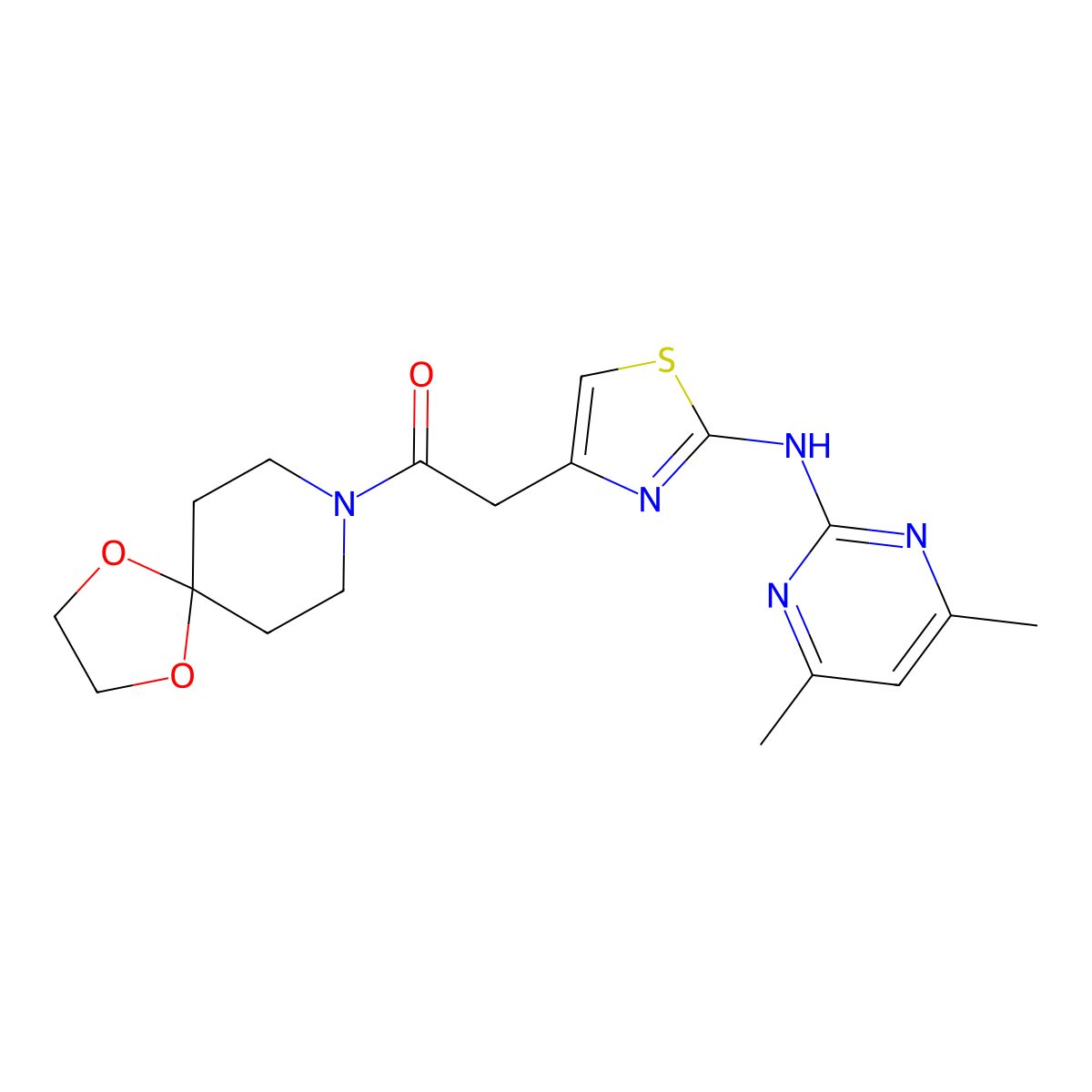 2-(2-((4,6-Dimethylpyrimidin-2-yl)amino)thiazol-4-yl)-1-(1,4-dioxa-8-azaspiro[4.5]decan-8-yl)ethanone molecular structure, CAS 1226436-45-8