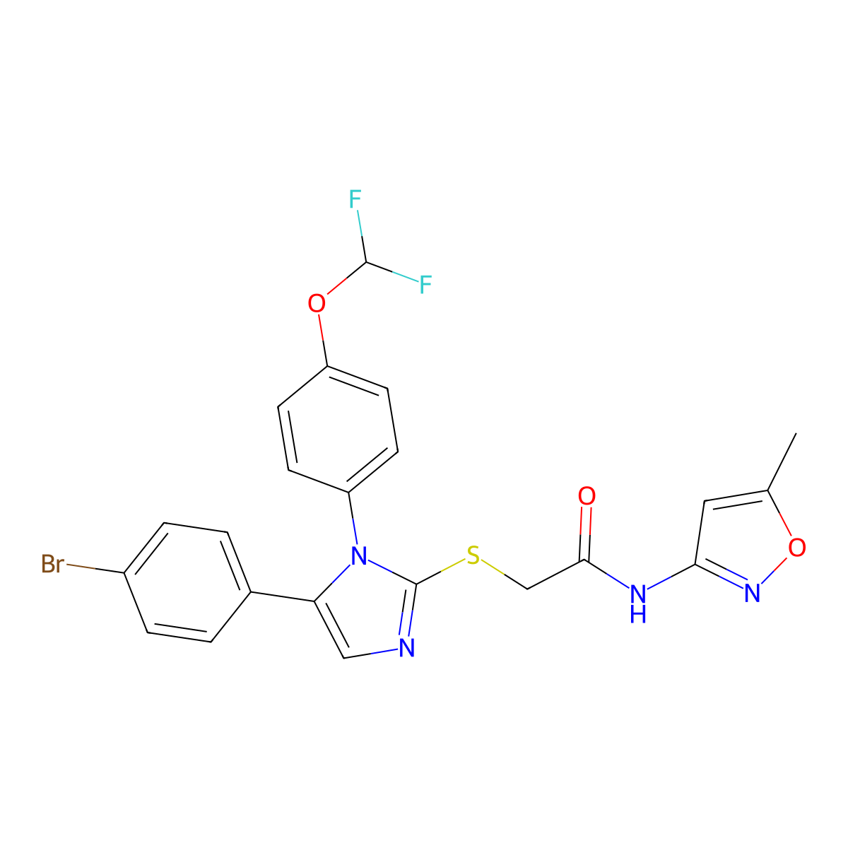 2-((5-(4-bromophenyl)-1-(4-(difluoromethoxy)phenyl)-1H-imidazol-2-yl)thio)-N-(5-methylisoxazol-3-yl)acetamide molecular structure, CAS 1226436-52-7