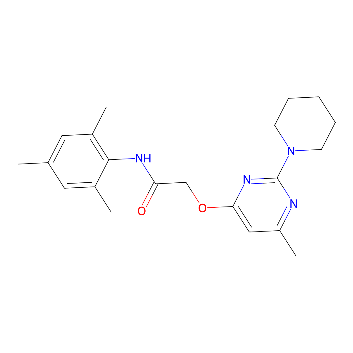 2-{[6-methyl-2-(piperidin-1-yl)pyrimidin-4-yl]oxy}-N-(2,4,6-trimethylphenyl)acetamide molecular structure, CAS 1226436-57-2