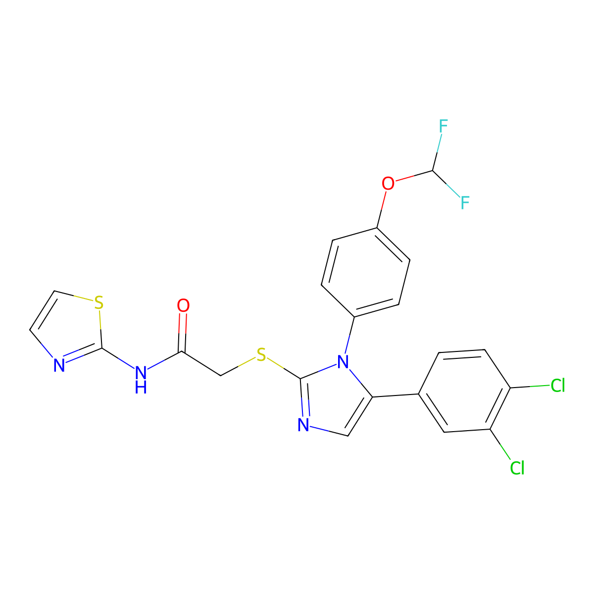 2-((5-(3,4-dichlorophenyl)-1-(4-(difluoromethoxy)phenyl)-1H-imidazol-2-yl)thio)-N-(thiazol-2-yl)acetamide molecular structure, CAS 1226436-71-0