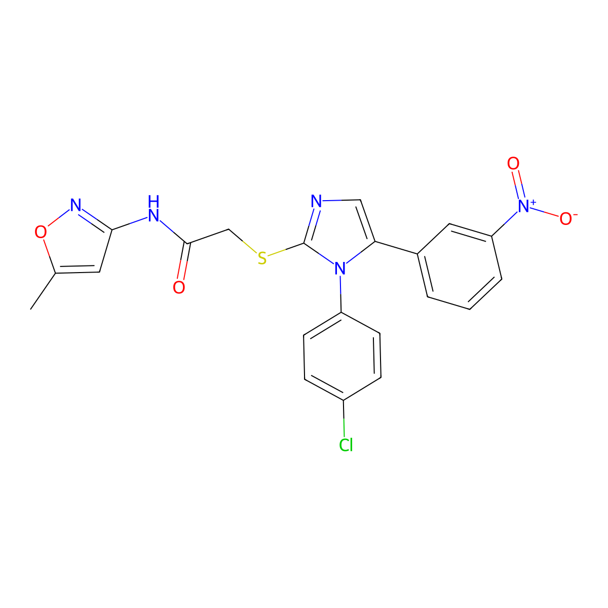 2-((1-(4-chlorophenyl)-5-(3-nitrophenyl)-1H-imidazol-2-yl)thio)-N-(5-methylisoxazol-3-yl)acetamide molecular structure, CAS 1226436-81-2
