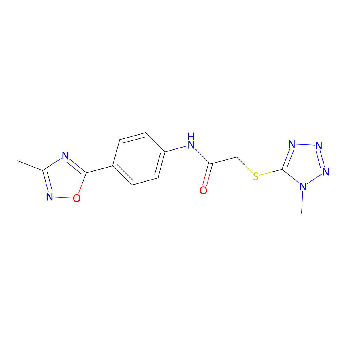 N-(4-(3-methyl-1,2,4-oxadiazol-5-yl)phenyl)-2-((1-methyl-1H-tetrazol-5-yl)thio)acetamide molecular structure, CAS 1226436-95-8