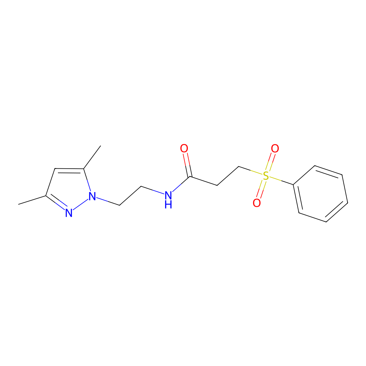 N-(2-(3,5-dimethyl-1H-pyrazol-1-yl)ethyl)-3-(phenylsulfonyl)propanamide molecular structure, CAS 1226436-96-9