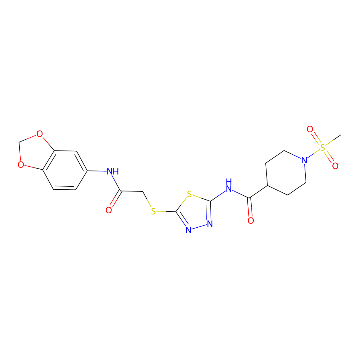 N-(5-((2-(benzo[d][1,3]dioxol-5-ylamino)-2-oxoethyl)thio)-1,3,4-thiadiazol-2-yl)-1-(methylsulfonyl)piperidine-4-carboxamide molecular structure, CAS 1226436-97-0