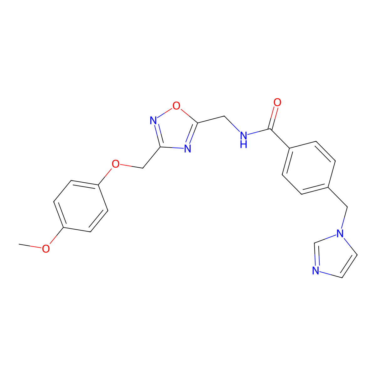 4-[(1H-imidazol-1-yl)methyl]-N-({3-[(4-methoxyphenoxy)methyl]-1,2,4-oxadiazol-5-yl}methyl)benzamide molecular structure, CAS 1226437-04-2