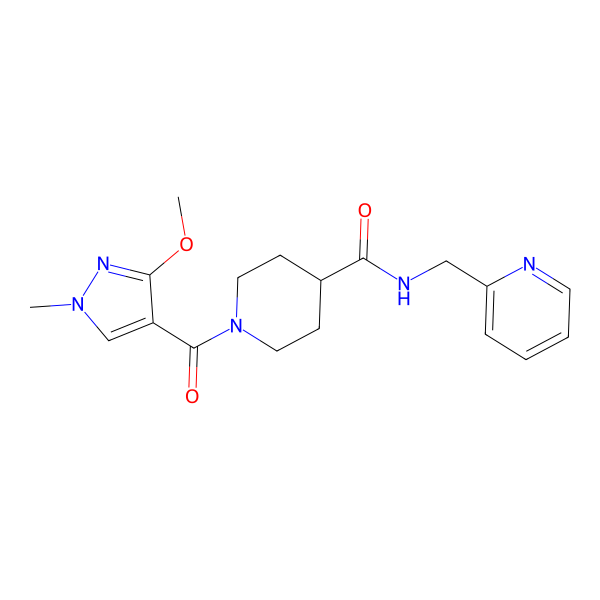1-(3-methoxy-1-methyl-1H-pyrazole-4-carbonyl)-N-(pyridin-2-ylmethyl)piperidine-4-carboxamide molecular structure, CAS 1226437-11-1
