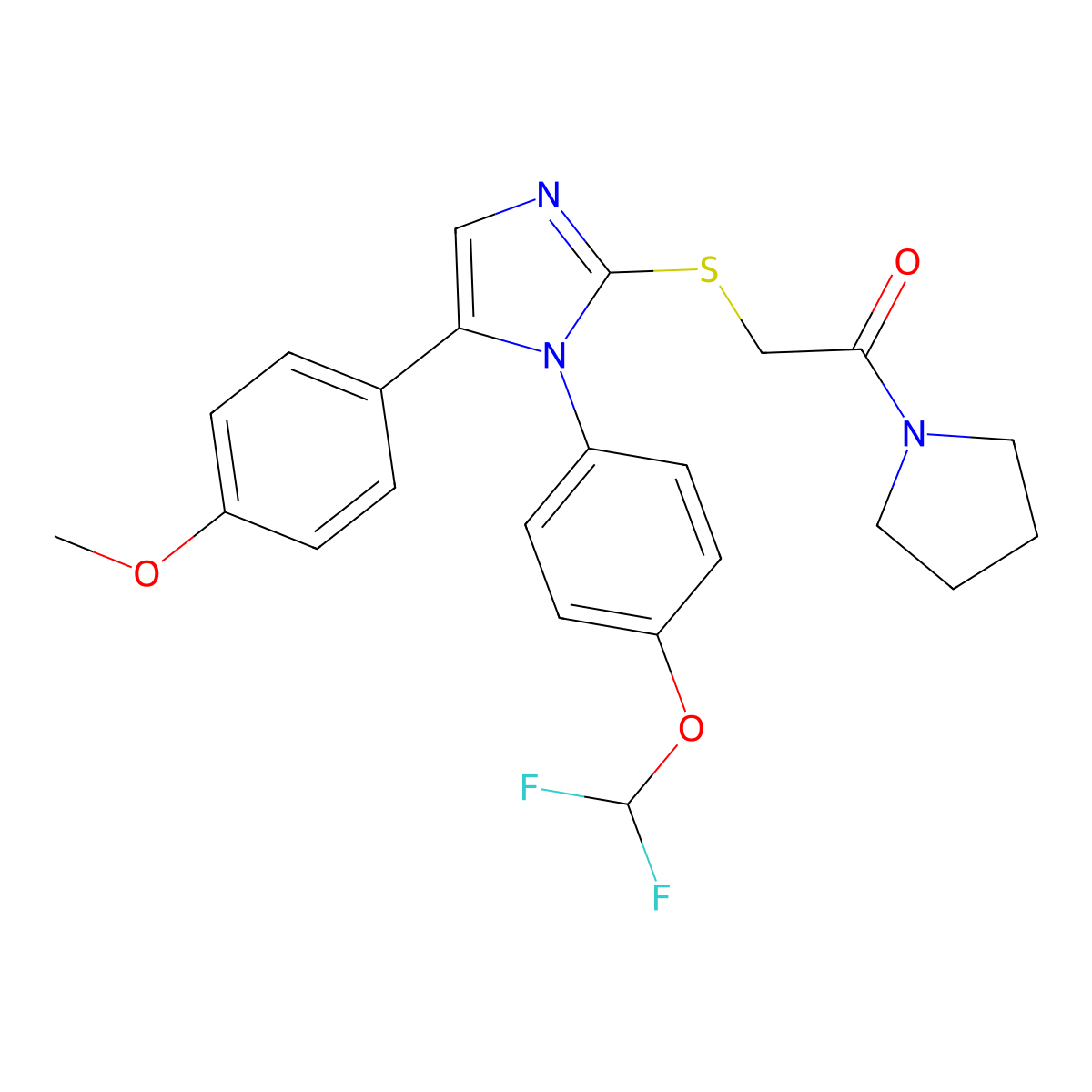 2-((1-(4-(difluoromethoxy)phenyl)-5-(4-methoxyphenyl)-1H-imidazol-2-yl)thio)-1-(pyrrolidin-1-yl)ethanone molecular structure, CAS 1226437-52-0