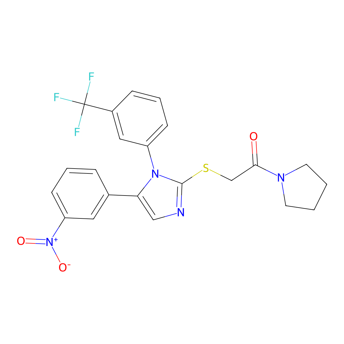2-((5-(3-nitrophenyl)-1-(3-(trifluoromethyl)phenyl)-1H-imidazol-2-yl)thio)-1-(pyrrolidin-1-yl)ethanone molecular structure, CAS 1226437-63-3