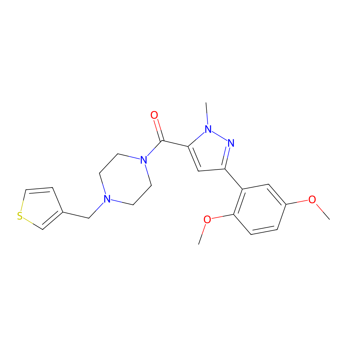 (3-(2,5-dimethoxyphenyl)-1-methyl-1H-pyrazol-5-yl)(4-(thiophen-3-ylmethyl)piperazin-1-yl)methanone molecular structure, CAS 1226437-65-5
