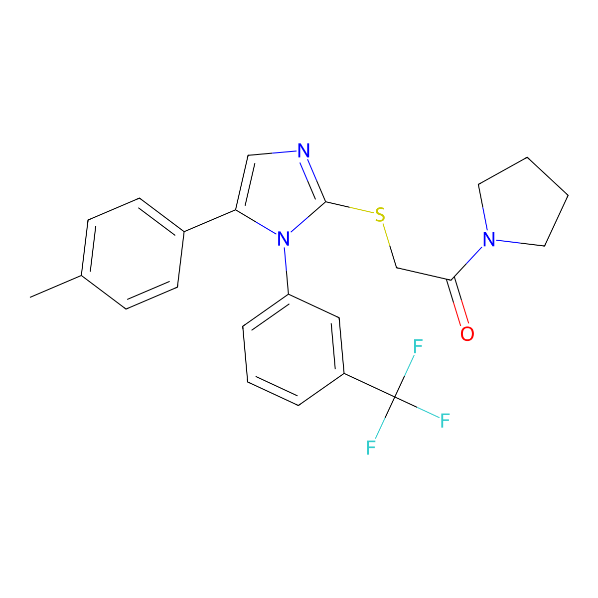 1-(pyrrolidin-1-yl)-2-((5-(p-tolyl)-1-(3-(trifluoromethyl)phenyl)-1H-imidazol-2-yl)thio)ethanone molecular structure, CAS 1226437-67-7