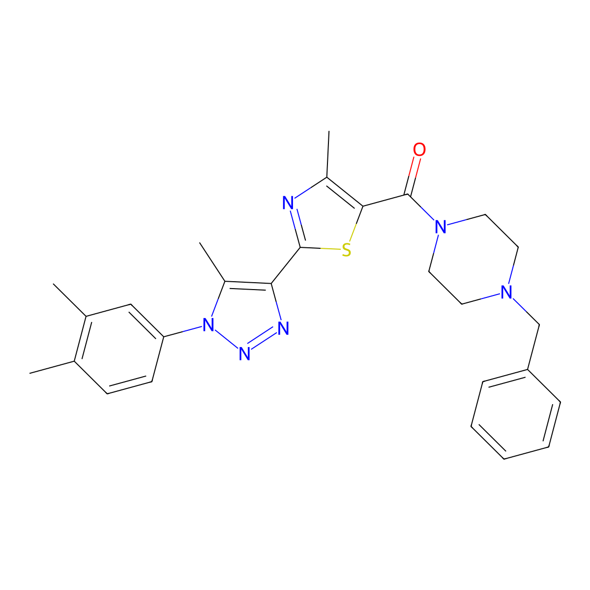 (4-benzylpiperazin-1-yl)(2-(1-(3,4-dimethylphenyl)-5-methyl-1H-1,2,3-triazol-4-yl)-4-methylthiazol-5-yl)methanone molecular structure, CAS 1226437-70-2