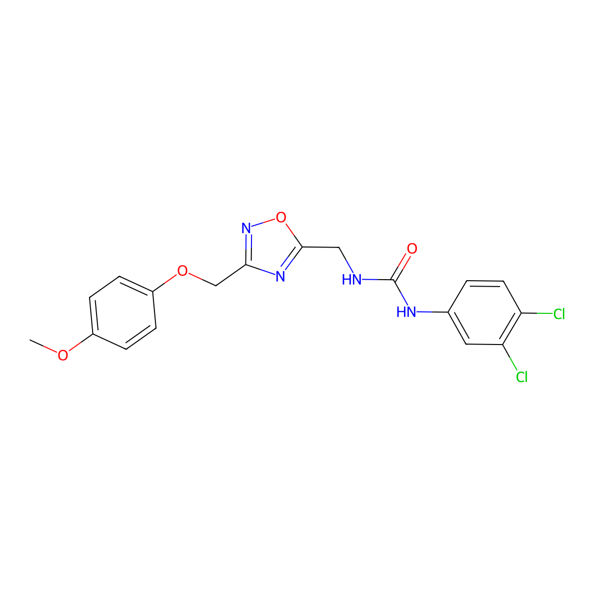 1-(3,4-Dichlorophenyl)-3-({3-[(4-methoxyphenoxy)methyl]-1,2,4-oxadiazol-5-yl}methyl)urea molecular structure, CAS 1226437-95-1