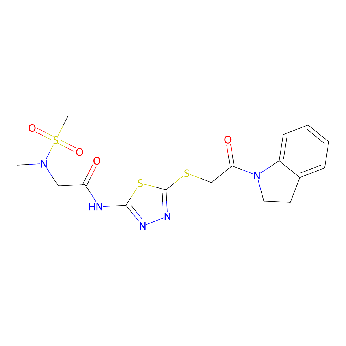 N-(5-{[2-(2,3-dihydro-1H-indol-1-yl)-2-oxoethyl]sulfanyl}-1,3,4-thiadiazol-2-yl)-2-(N-methylmethanesulfonamido)acetamide molecular structure, CAS 1226438-02-3