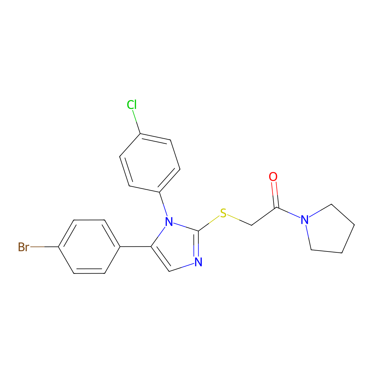 2-((5-(4-bromophenyl)-1-(4-chlorophenyl)-1H-imidazol-2-yl)thio)-1-(pyrrolidin-1-yl)ethanone molecular structure, CAS 1226438-04-5