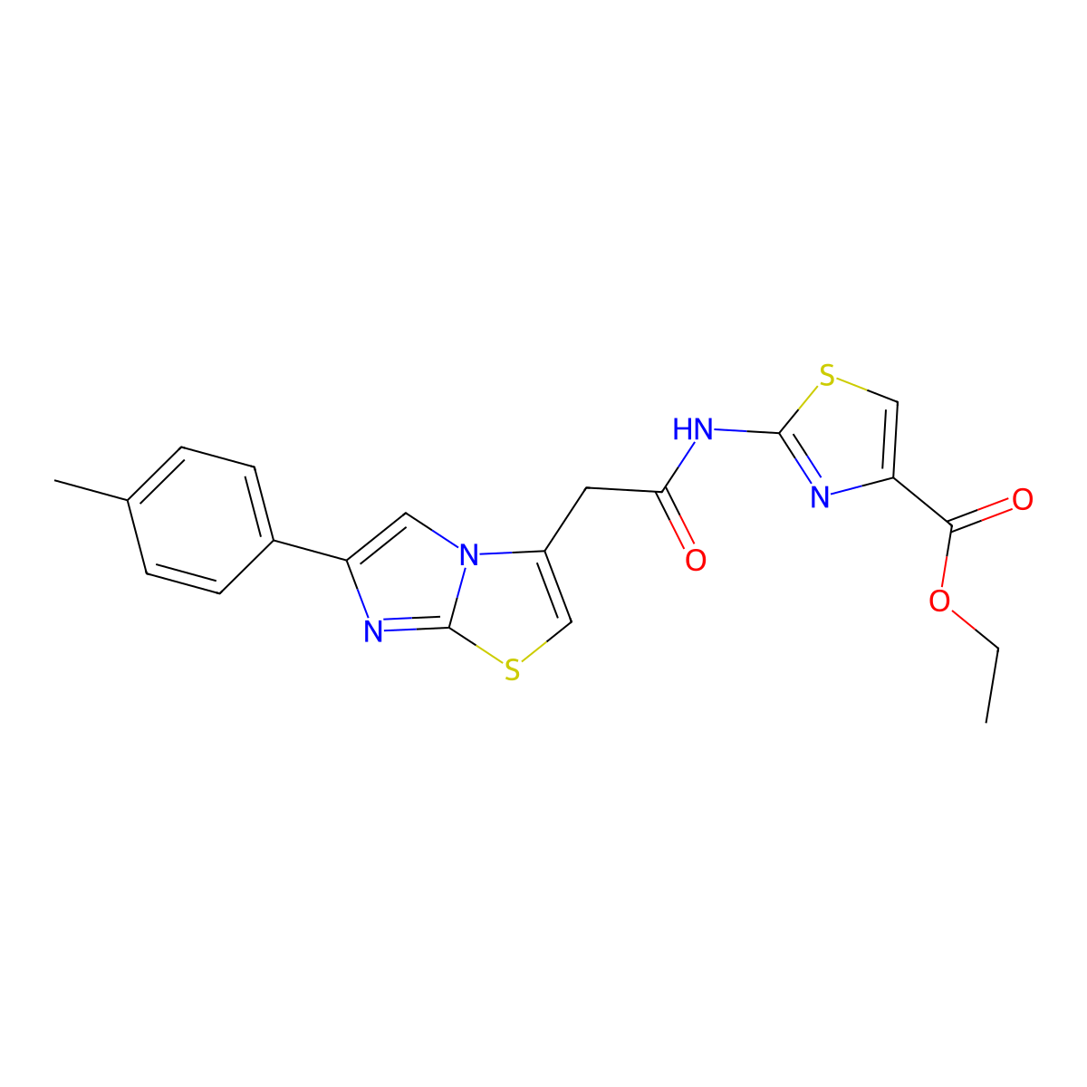 Ethyl 2-(2-(6-(p-tolyl)imidazo[2,1-b]thiazol-3-yl)acetamido)thiazole-4-carboxylate molecular structure, CAS 1226438-10-3