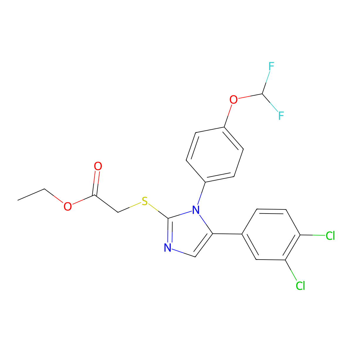 ethyl 2-((5-(3,4-dichlorophenyl)-1-(4-(difluoromethoxy)phenyl)-1H-imidazol-2-yl)thio)acetate molecular structure, CAS 1226438-12-5