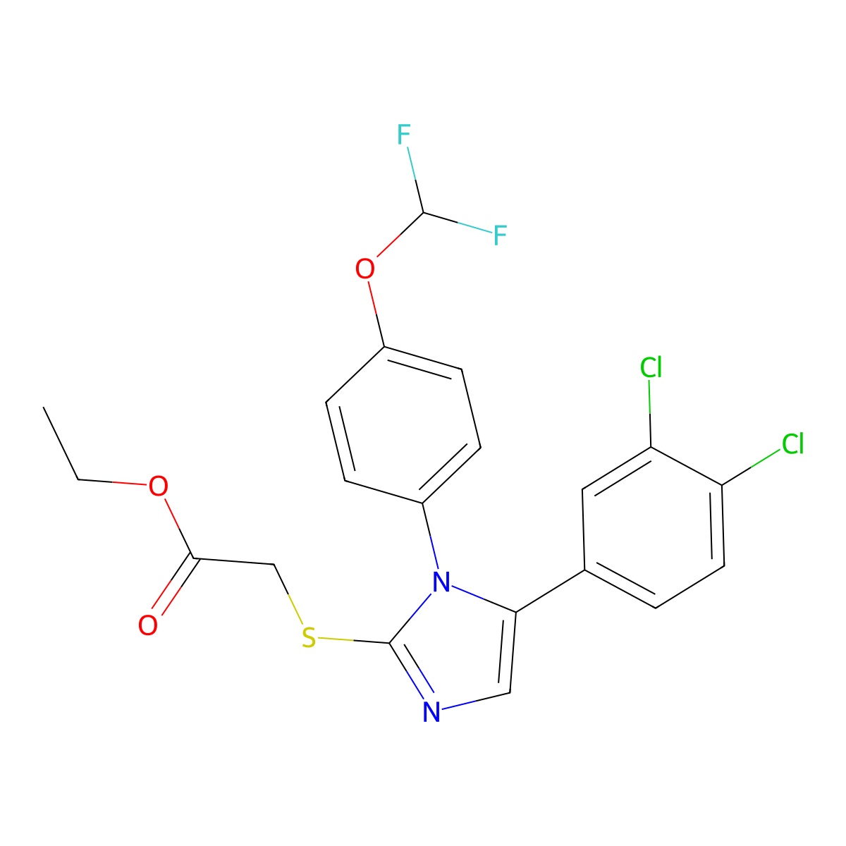 ethyl 2-((5-(3,4-dichlorophenyl)-1-(4-(difluoromethoxy)phenyl)-1H-imidazol-2-yl)thio)acetate molecular structure, CAS 1226438-12-5
