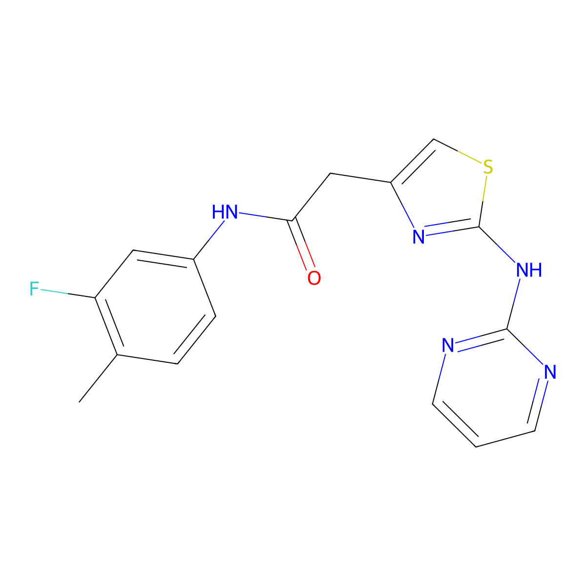 N-(3-fluoro-4-methylphenyl)-2-(2-(pyrimidin-2-ylamino)thiazol-4-yl)acetamide molecular structure, CAS 1226438-15-8