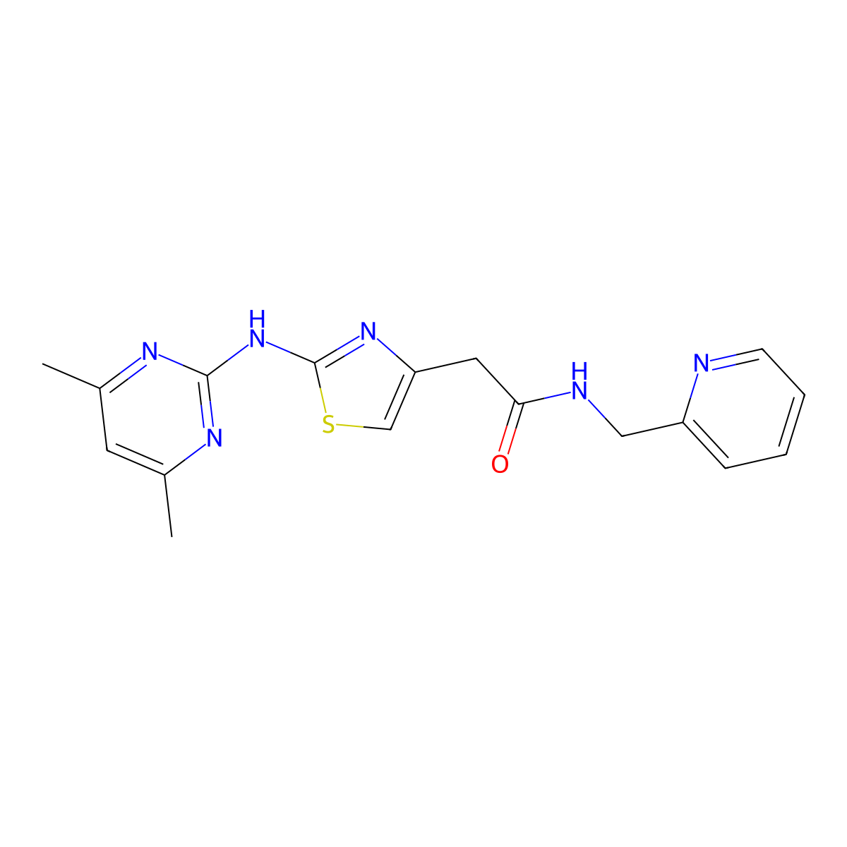 2-(2-((4,6-dimethylpyrimidin-2-yl)amino)thiazol-4-yl)-N-(pyridin-2-ylmethyl)acetamide molecular structure, CAS 1226438-20-5