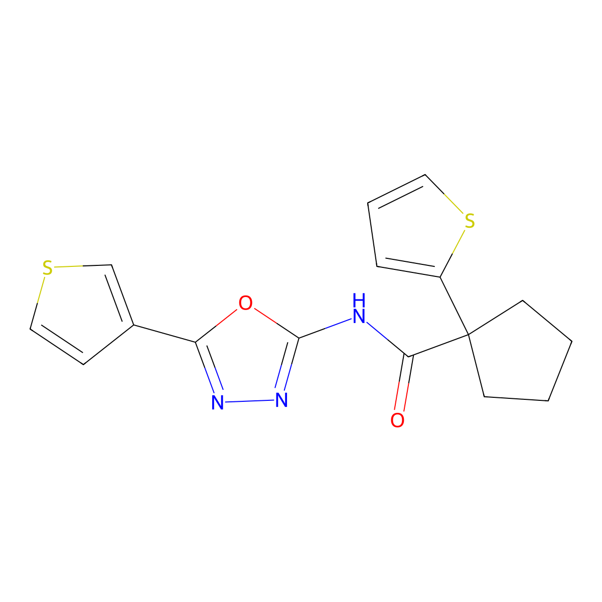 1-(thiophen-2-yl)-N-(5-(thiophen-3-yl)-1,3,4-oxadiazol-2-yl)cyclopentanecarboxamide molecular structure, CAS 1226438-24-9
