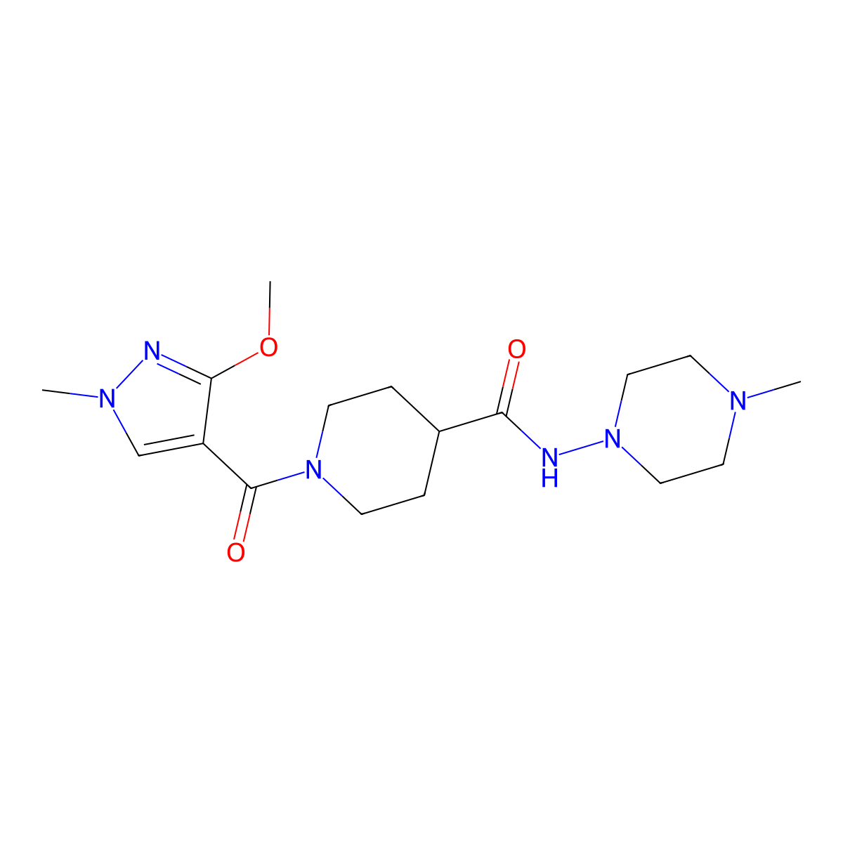 1-(3-methoxy-1-methyl-1H-pyrazole-4-carbonyl)-N-(4-methylpiperazin-1-yl)piperidine-4-carboxamide molecular structure, CAS 1226438-31-8